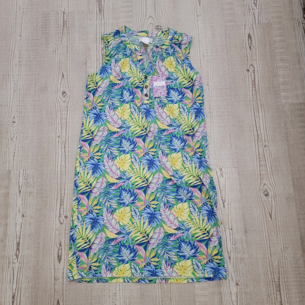 NWT Sleeveless Tropical Leaf Midi Dress in Malibu Blue Floral Medium Coastal
